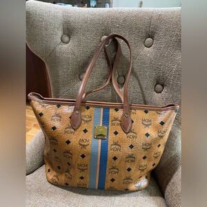MCM Cognac and Blue Logo Tote
